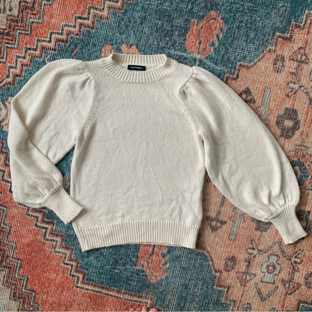 525 America White Cotton Puff Sleeve Women’s Sweater